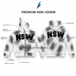 Close-up of NSW Zip Up Hoodies with black distressed letters and multicolored decorative studs by New Sports Wear