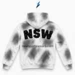 NSW Zip Up Hoodies specification image showing front and back construction, ribbed trims and graphic placement
