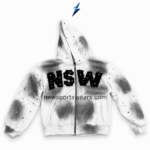 NSW Zip Up Hoodies back view with white fabric, grey airbrush pattern and bold studded NSW logo by New Sports Wear