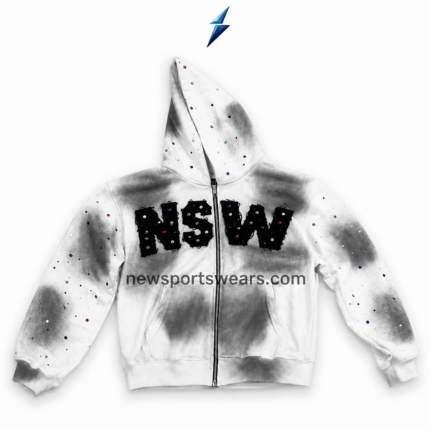 NSW Zip Up Hoodies back view with white fabric, grey airbrush pattern and bold studded NSW logo by New Sports Wear