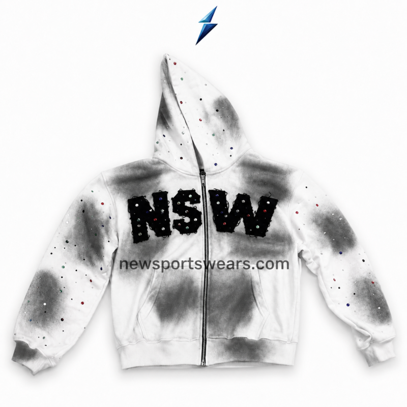 NSW Zip Up Hoodies back view with white fabric, grey airbrush pattern and bold studded NSW logo by New Sports Wear