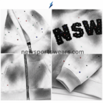 NSW Zip Up Hoodies in white with grey spray graphics, black zipper and studded front branding by New Sports Wear