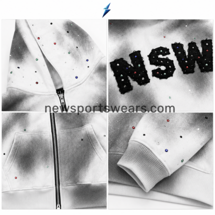 NSW Zip Up Hoodies in white with grey spray graphics, black zipper and studded front branding by New Sports Wear