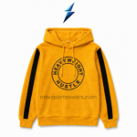 NSW Custom Streetwear Hoodie in golden yellow with black sleeve stripes and circular chest graphic
