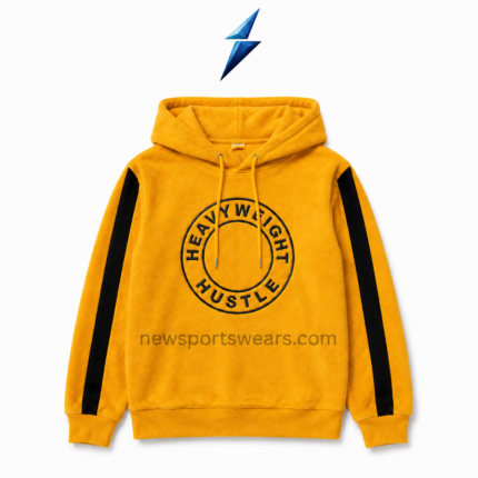 NSW Custom Streetwear Hoodie in golden yellow with black sleeve stripes and circular chest graphic