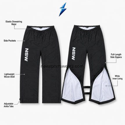 Close-up of NSW Tearaway Pants featuring a gathered elastic waistband and black drawstring
