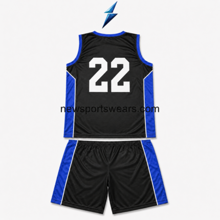 Wholesale Basketball Uniforms in black and royal blue with NSW and NEW SPORTS WEAR branding