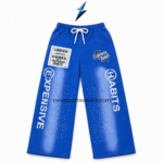 NSW New Sports Wear royal-blue graphic sweatpants front view with wide legs and white drawstring