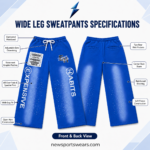NSW New Sports Wear blue sweatpants with distressed white leg lettering and statement patches