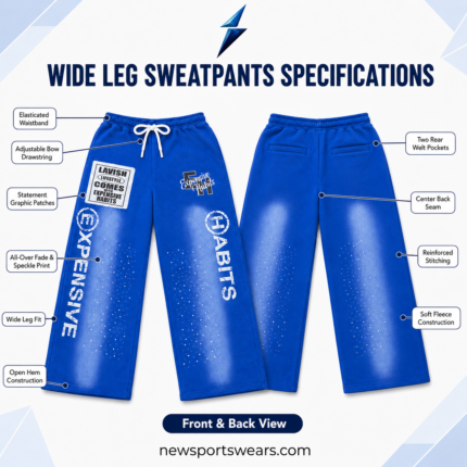 NSW New Sports Wear blue sweatpants with distressed white leg lettering and statement patches