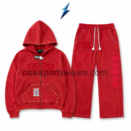Women’s Tracksuit in washed red with studded zip hoodie and wide-leg pants by NSW New Sports Wear