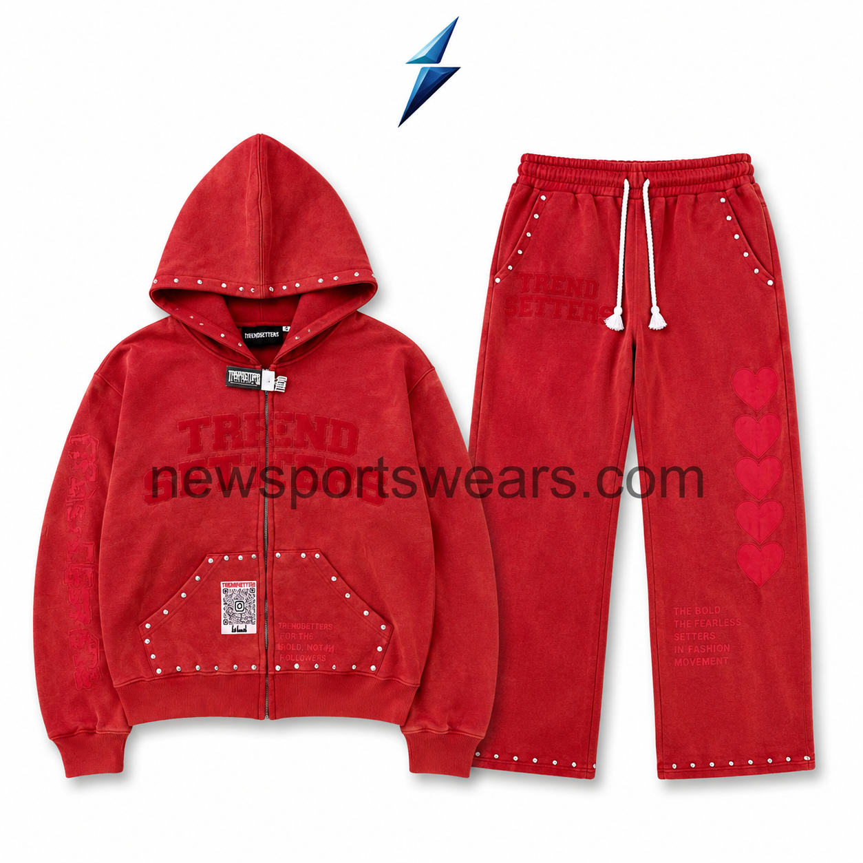 womens-tracksuit-red-studded-set-nsw-new-sports-wear Women’s Tracksuit in washed red with studded zip hoodie and wide-leg pants by NSW New Sports Wear