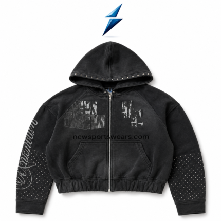 Zip Up Hoodie Manufacturer washed-black rhinestone hoodie and wide-leg 555 shorts set by NSW New Sports Wear