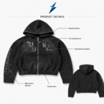 Zip Up Hoodie Manufacturer black front-view hoodie with studded hood, silver zipper and rhinestone sleeves by NSW