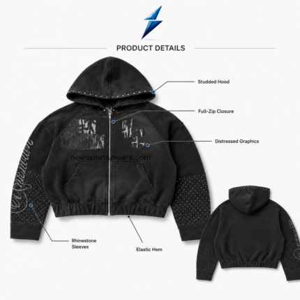 Zip Up Hoodie Manufacturer black front-view hoodie with studded hood, silver zipper and rhinestone sleeves by NSW