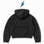 Zip Up Hoodie Manufacturer washed-black back-view hoodie with studded hood and embellished sleeves by New Sports Wear